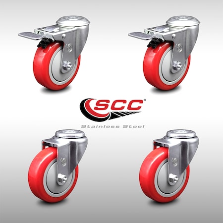 Service Caster 4 Inch SS Red Polyurethane Swivel Bolt Hole Caster Set with 2 Total Lock Brake SCC-SSBHTTL20S414-PPUB-RED-2-S-2